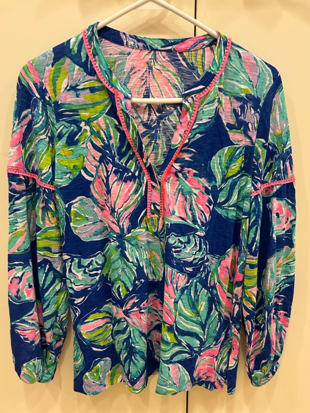 Lilly Pulitzer Kaia knit tunic in a blue and pink palm leaf pattern Long sleeve